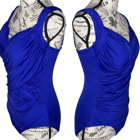 Badgley Mischka Wide Strap Draped Front One-Piece Swimsuit Cobalt Blue Small - Picture 4 of 15